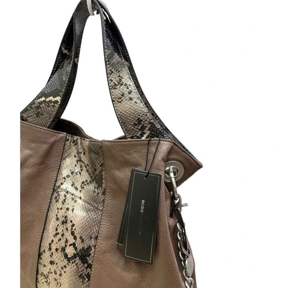 BCBGMAXAZRIA Hobo Bag Womens NS Mink New Leather Snakeskin Embossed EOR209BZ-201
